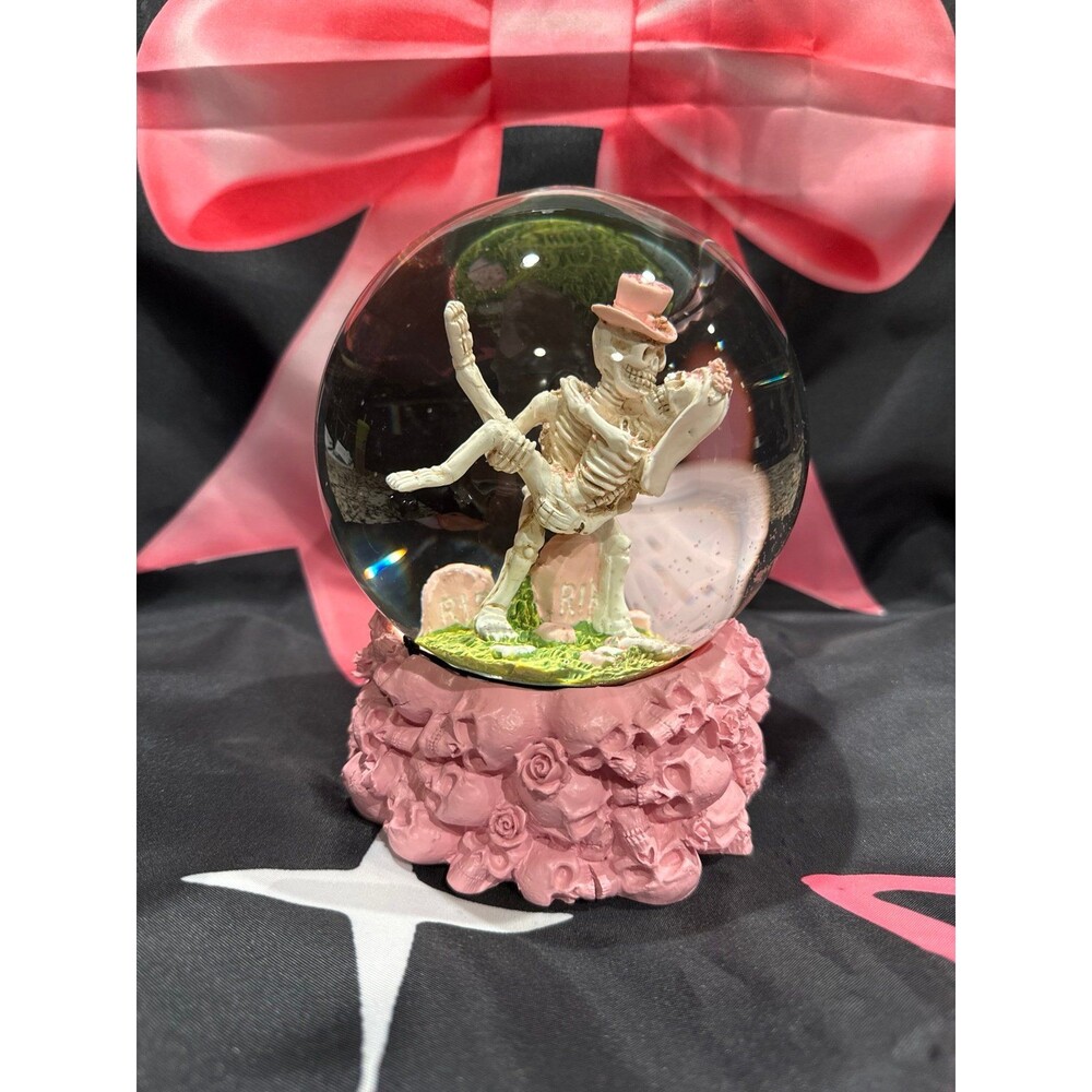 NEW Halloween Pink, White & Green "Skeleton Bride & Groom" Glittery Snowglobe
